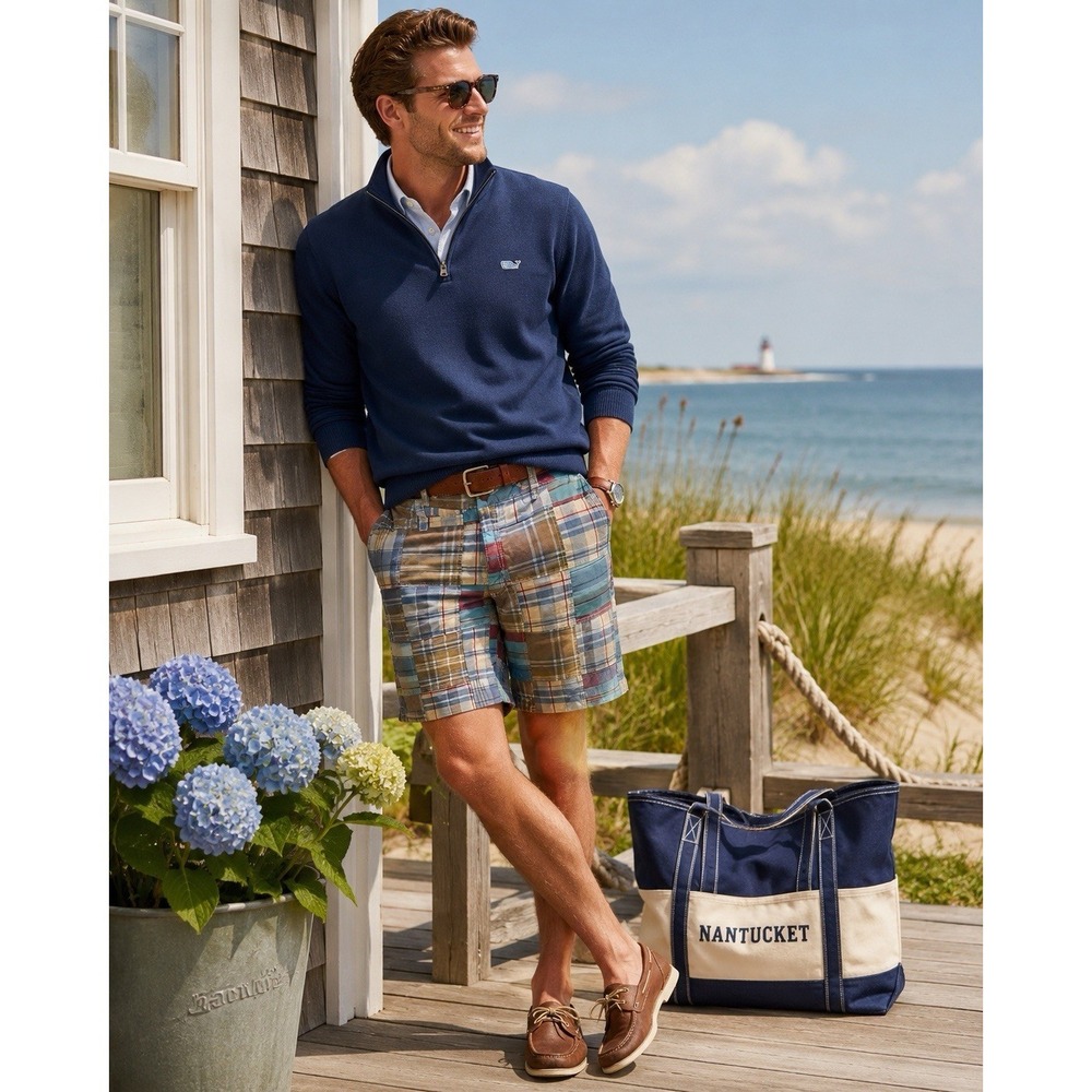 Tailor Vintage Men 34 Madras Patchwork Cargo Shorts Pockets Plaid Preppy Coastal